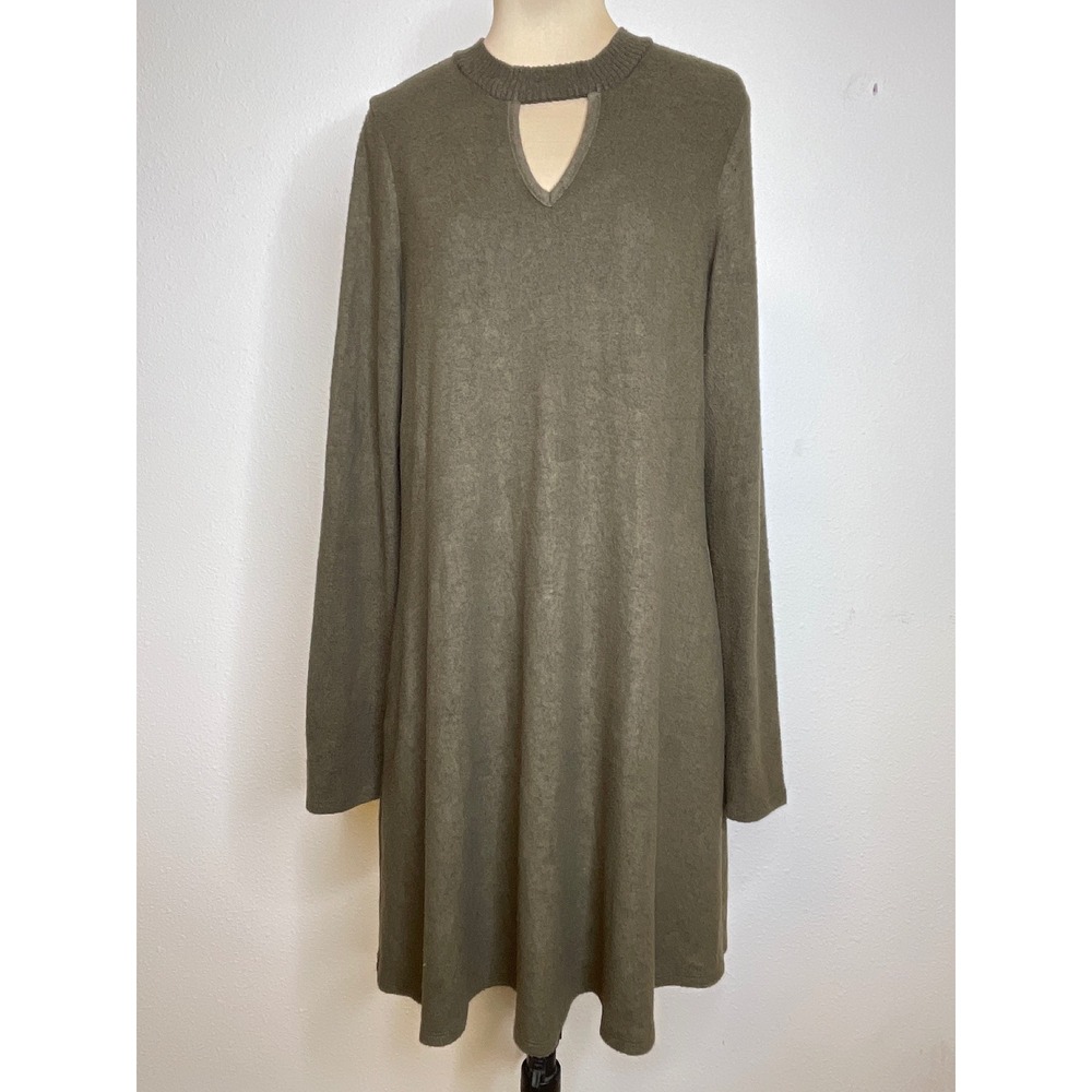 Fortune + Ivy Women Dress Keyhole Ribbed Knit A-Line Size M Olive Green Casual